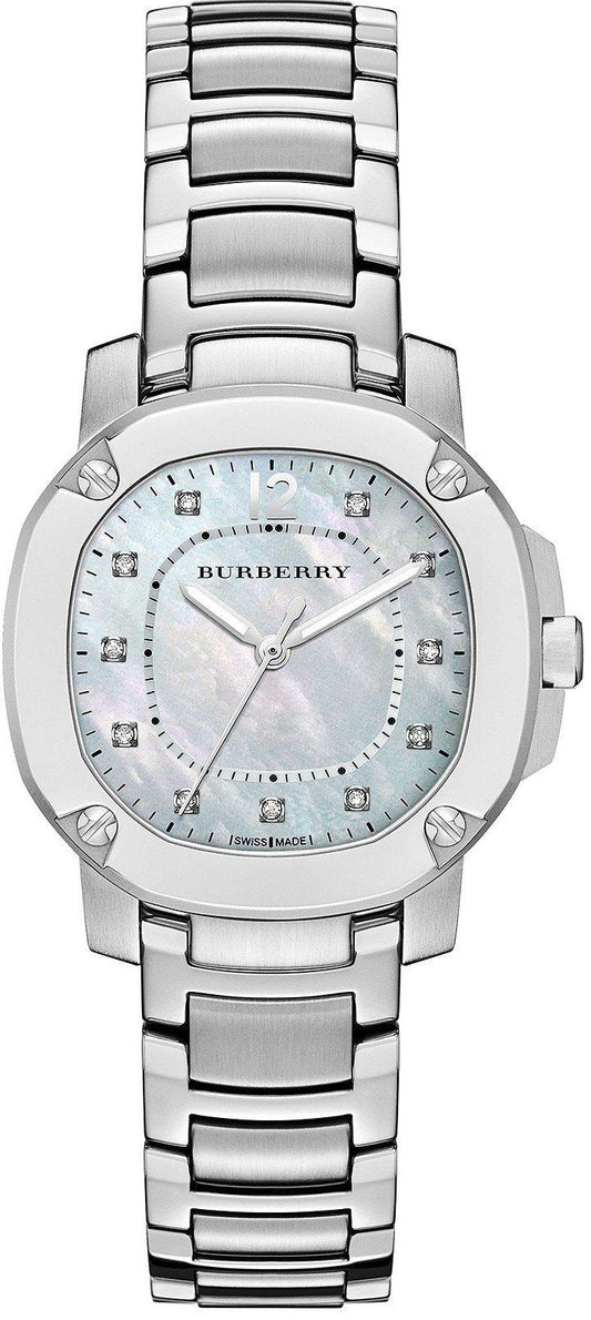 Reloj Burberry The Britain con diamantes y esfera de nácar, correa de acero plateada para mujer - BBY1804