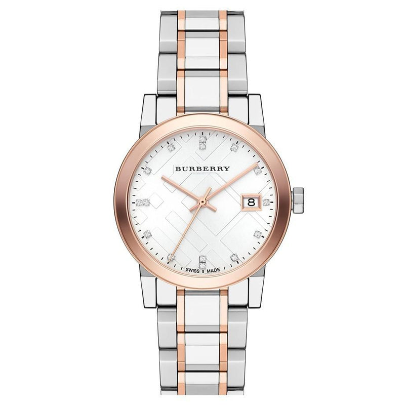 Burberry watch with two-tone rose gold and silver bracelet on a white background