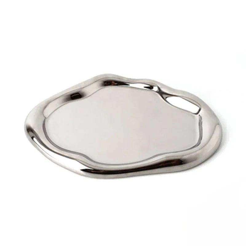 Silver tray with a handle on a white background