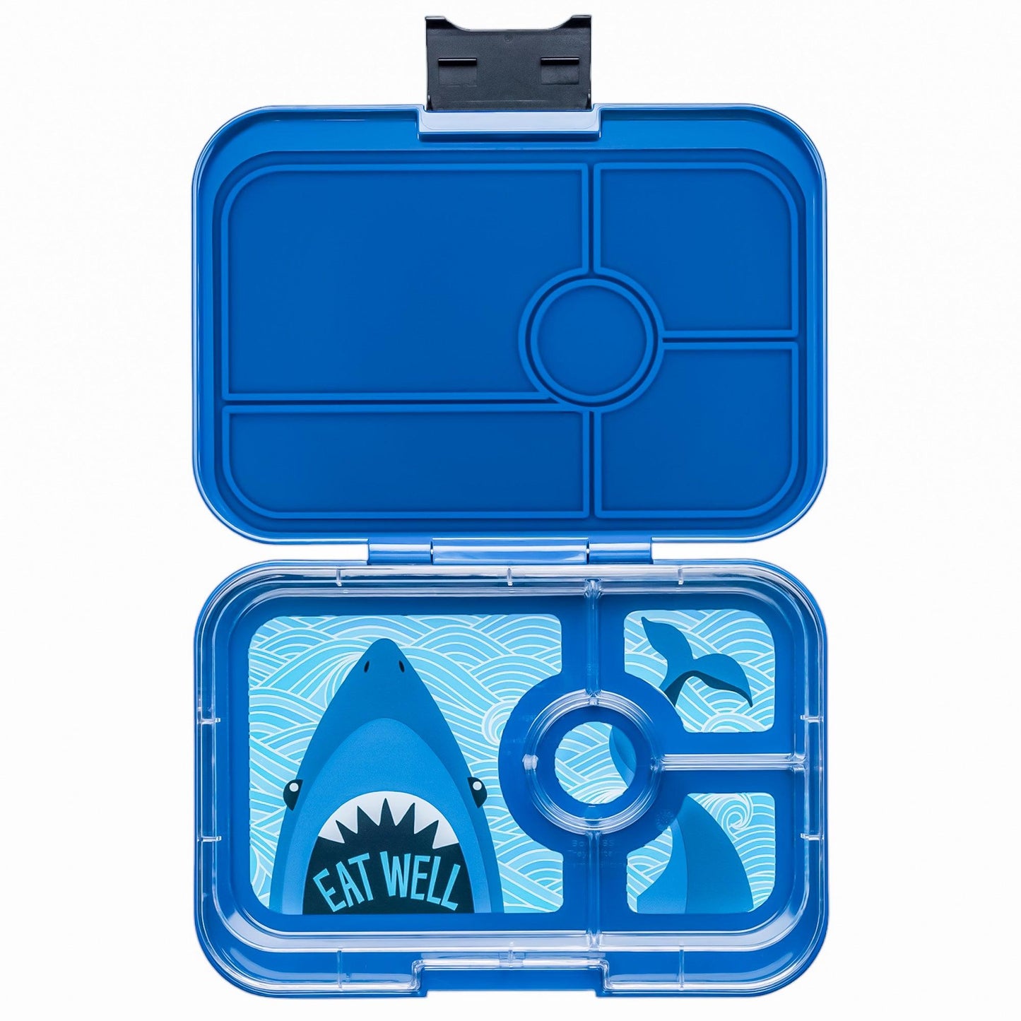 Blue lunch box with shark design and 'Eat Well' text on a white background