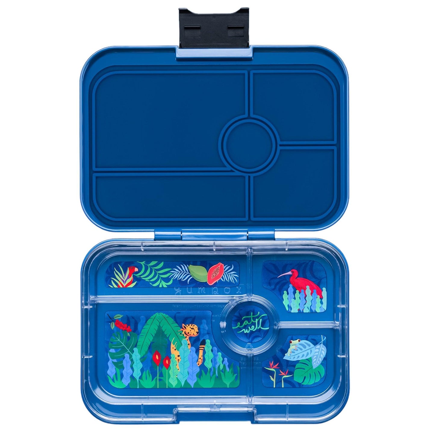 Blue compartmentalized container with marine-themed design on a white background