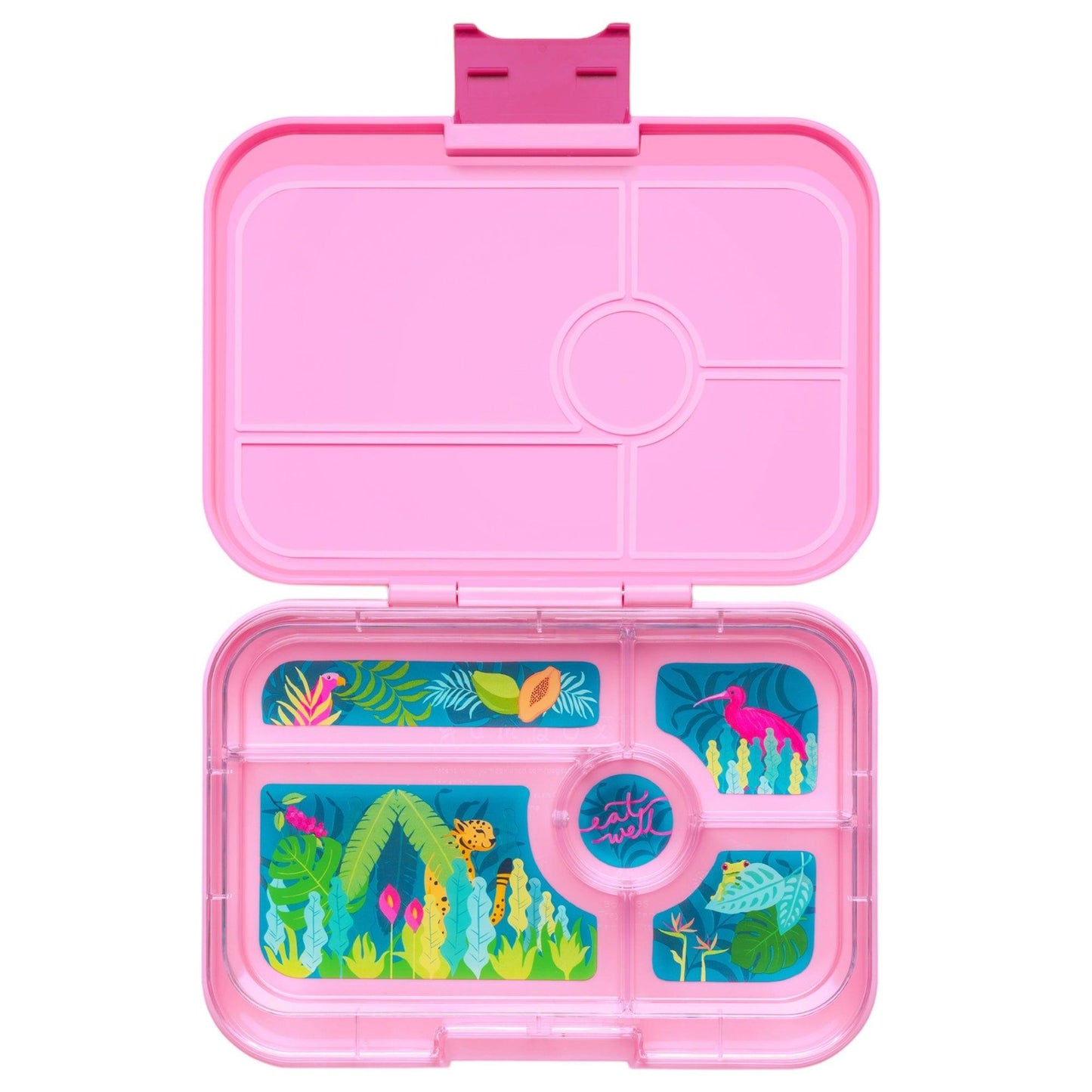 Pink children's snack box with colorful sea-themed compartments on a white background