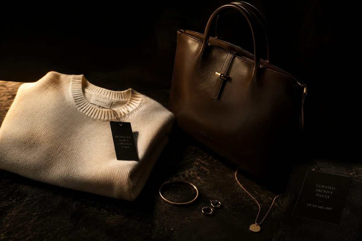 Editorial dark-toned image of curated archive fashion pieces
