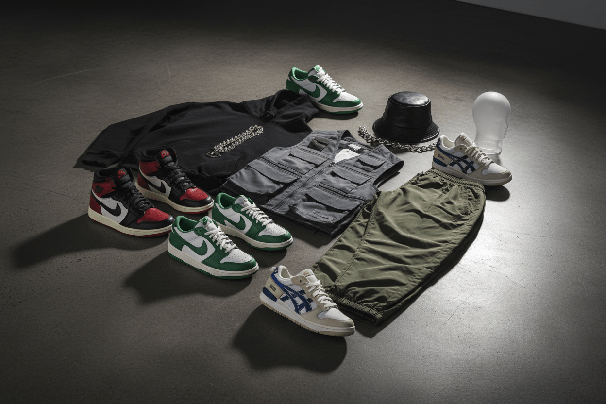 Streetwear apparel on a dark surface