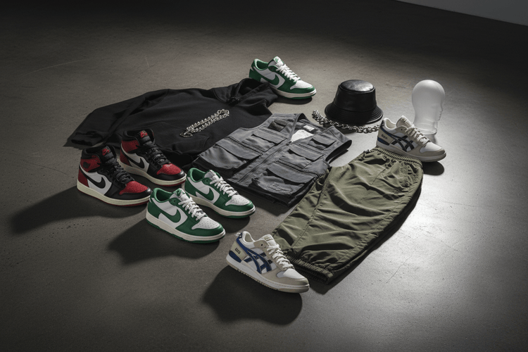 Streetwear apparel on a dark surface