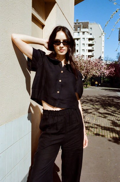 Má + Lin Frances Cropped Linen Blouse in Black