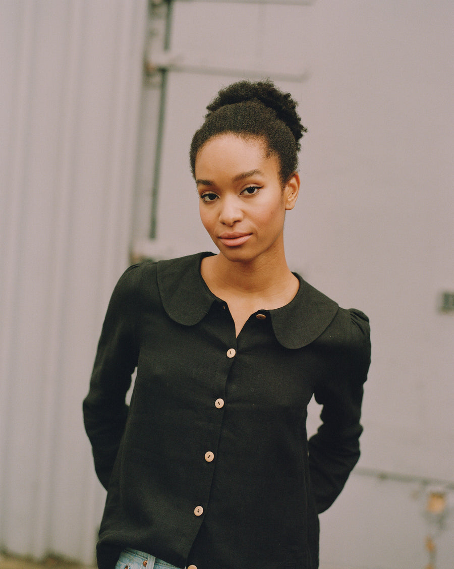 Má + Lin Claudine Long Sleeve Linen Blouse in Black