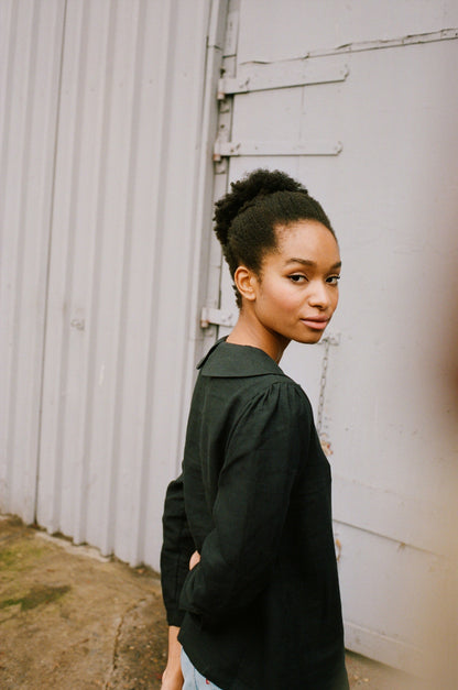 Má + Lin Claudine Long Sleeve Linen Blouse in Black