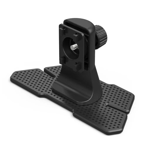 Black camera mount with a perforated base on a white background