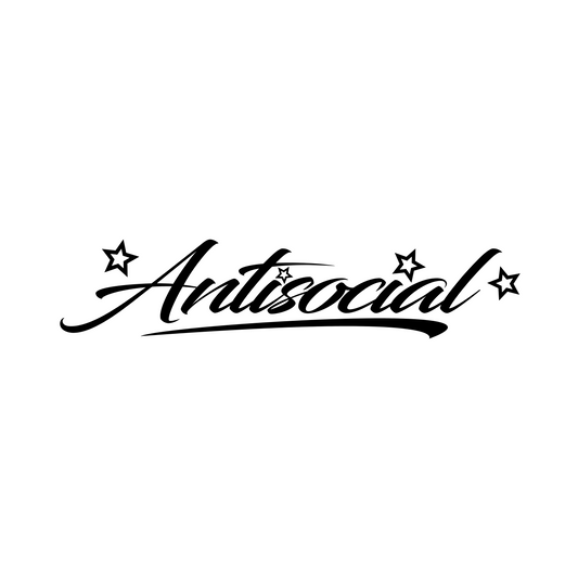 Black 'Antisocial' text with star decorations on a white background