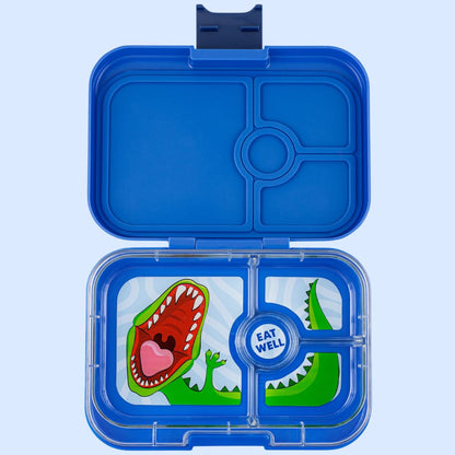 Blue bento box with a cartoon dinosaur design on a light blue background