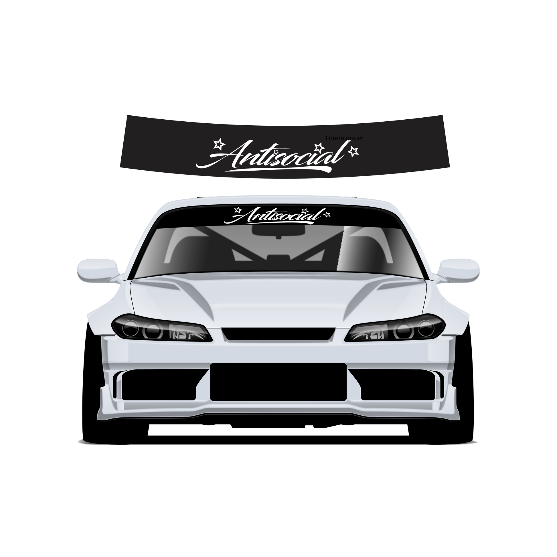 White car with 'Antisocial' decal on the windshield and roof against a white background