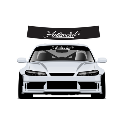 White car with 'Antisocial' decal on the windshield and roof against a white background
