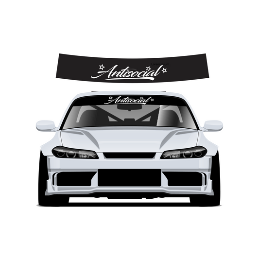 White car with 'Antisocial' decal on the windshield and roof against a white background