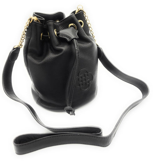 Black leather bucket bag with gold chain strap on a white background