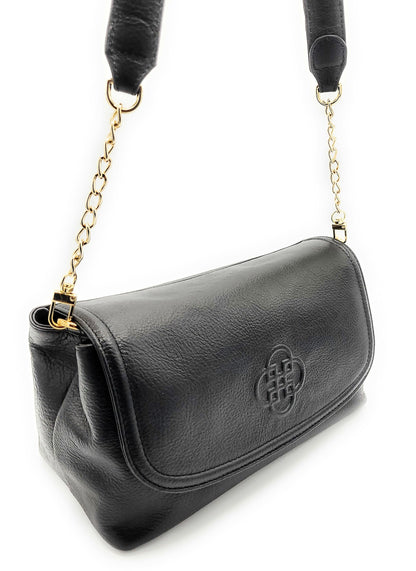 Black handbag with gold chain strap on a white background