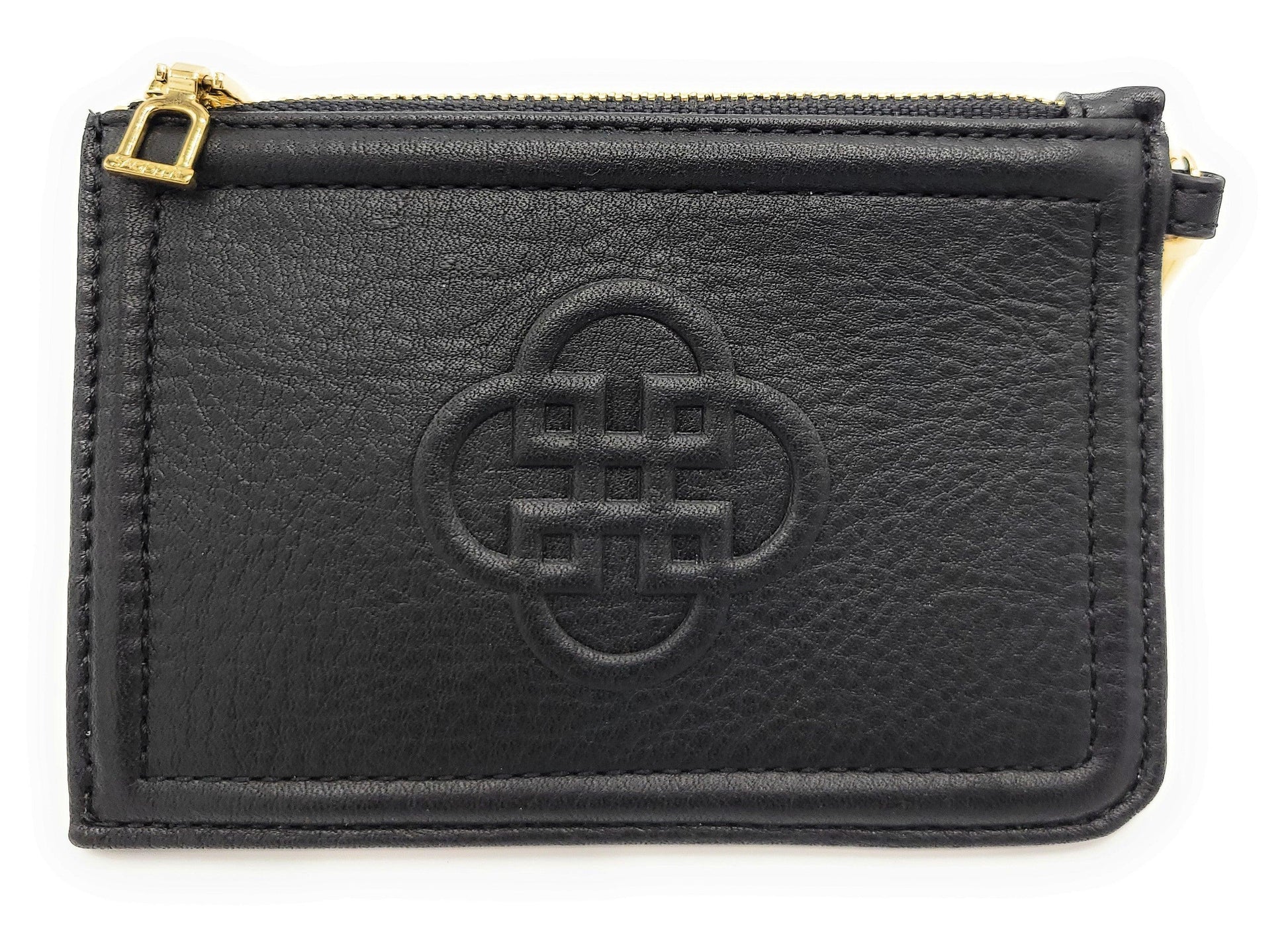 Black leather pouch with gold zipper and embossed logo on a white background