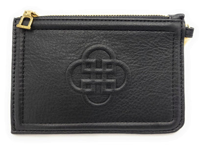 Black leather pouch with gold zipper and embossed logo on a white background