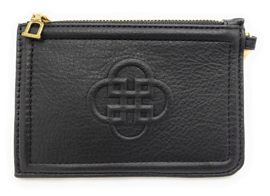 Black leather pouch with gold zipper and embossed logo on a white background