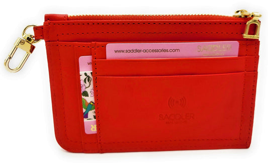 Red wallet with gold zipper and card holder on a white background