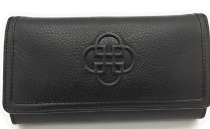 Black leather wallet with a central embossed design on a white background