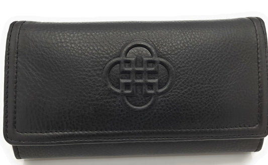 Black leather wallet with a central embossed design on a white background