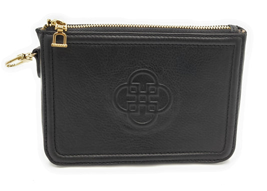 Black leather pouch with gold zipper and logo on a white background