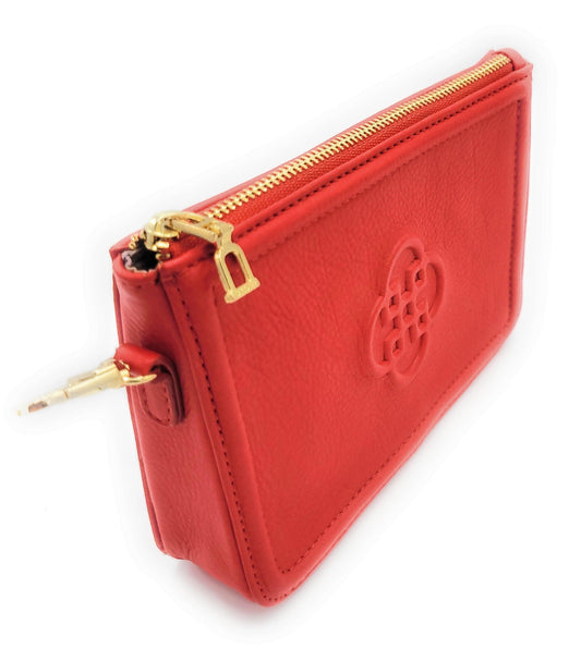 Red wallet with gold zipper and logo on a white background