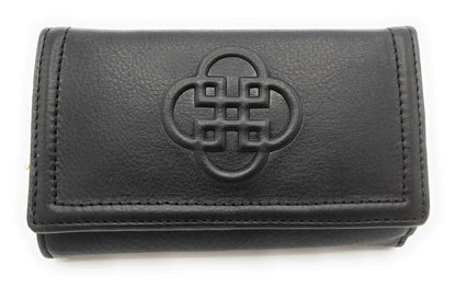 Black leather wallet with a central embossed design on a white background