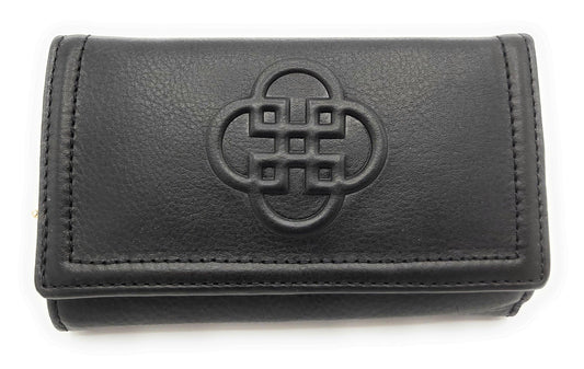 Black leather wallet with a central embossed design on a white background
