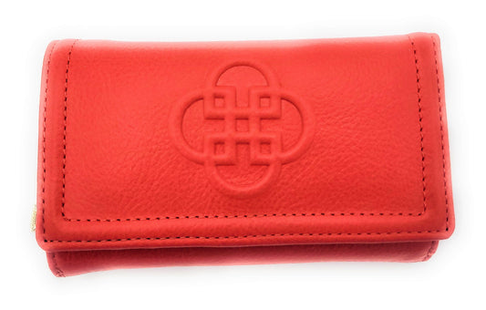 Red wallet with a central emblem on a white background