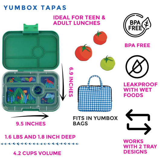 Yumbox Tapas lunch box with features listed on a white background