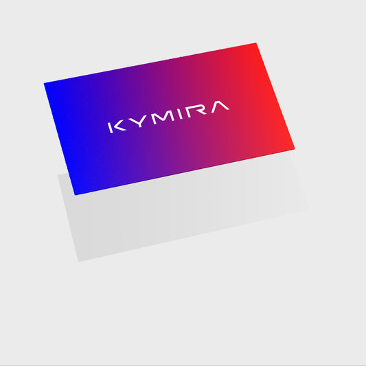 Gradient card with 'KYMIRA' logo on a white background