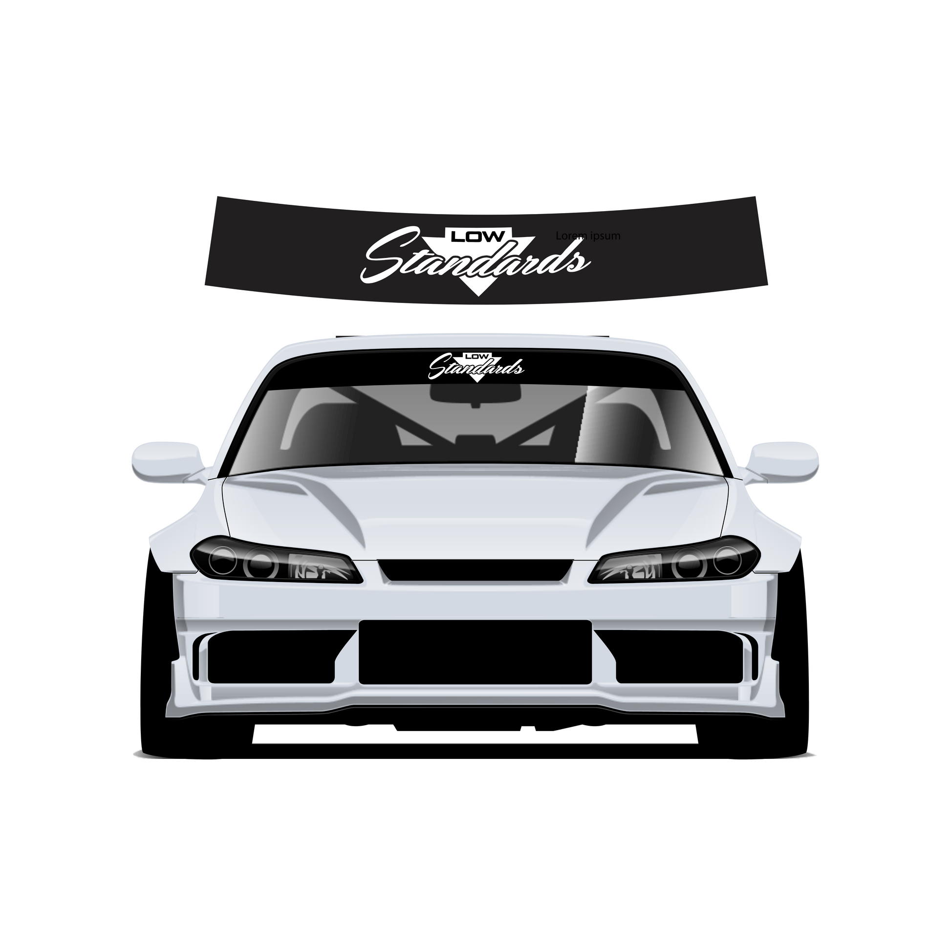 White car with 'Low Standards' decal on a white background
