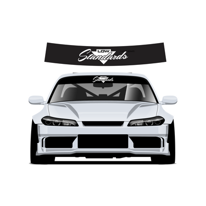 White car with 'Low Standards' decal on a white background