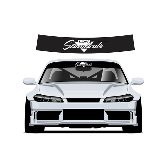 White car with 'Low Standards' decal on a white background