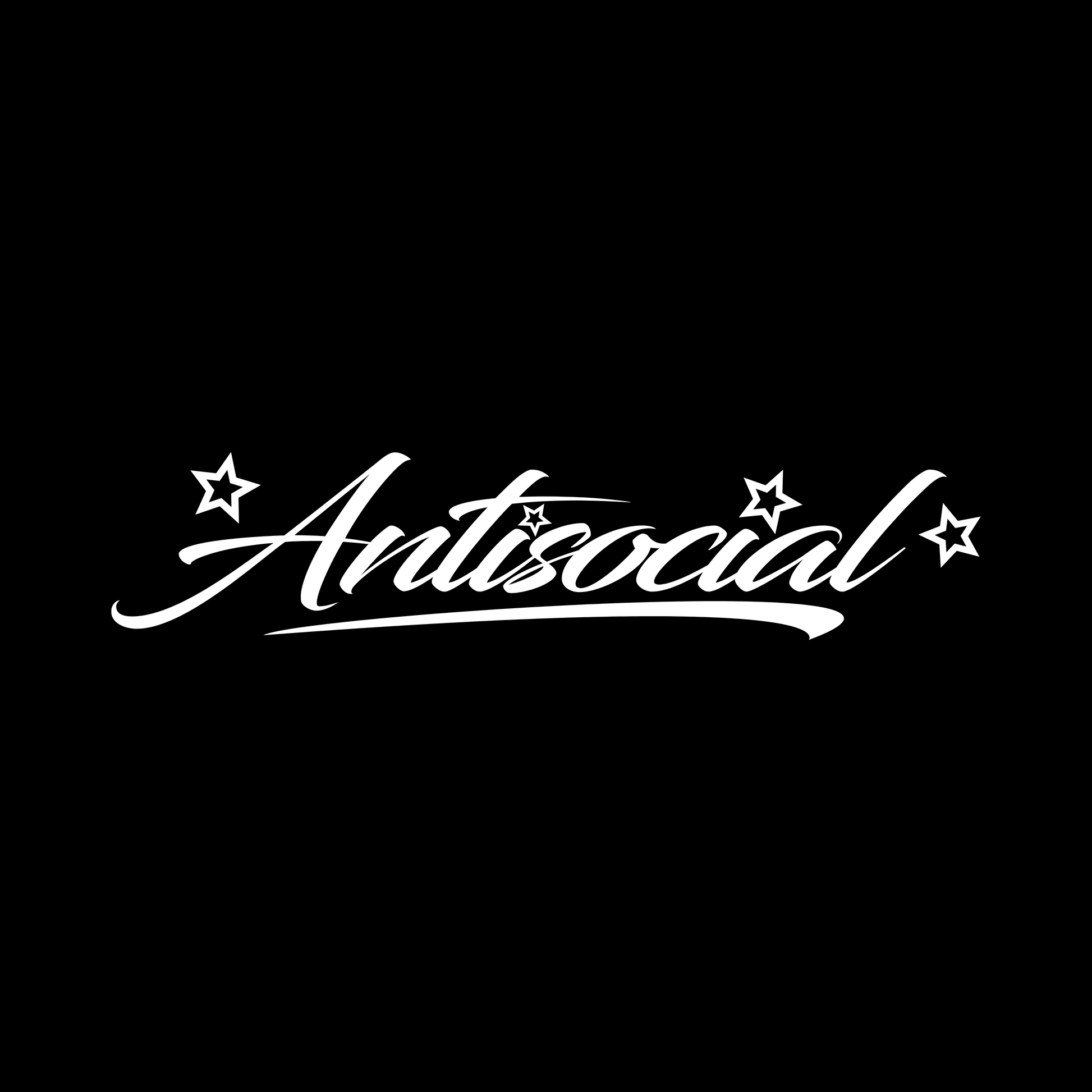 White 'Antisocial' text with star decorations on a black background