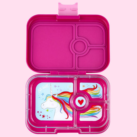 Pink bento box with unicorn design on a pink background