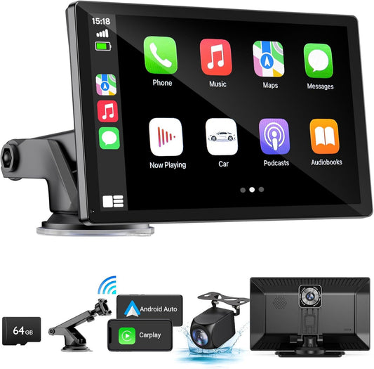 Car dashboard monitor with app icons, camera, and accessories on a white background