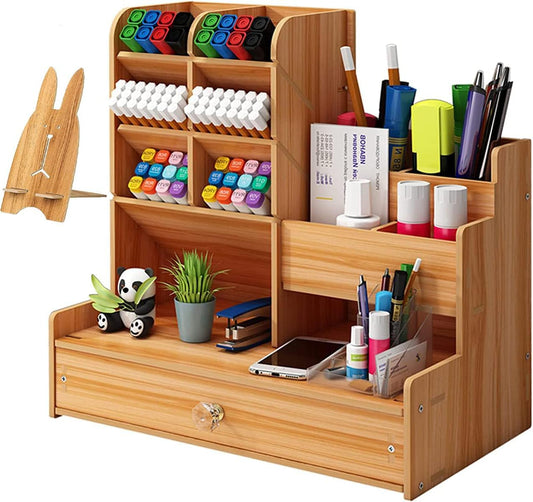 TOVIXY Organizador de escritorio con soporte para bolígrafos de madera marrón para oficina y estudio