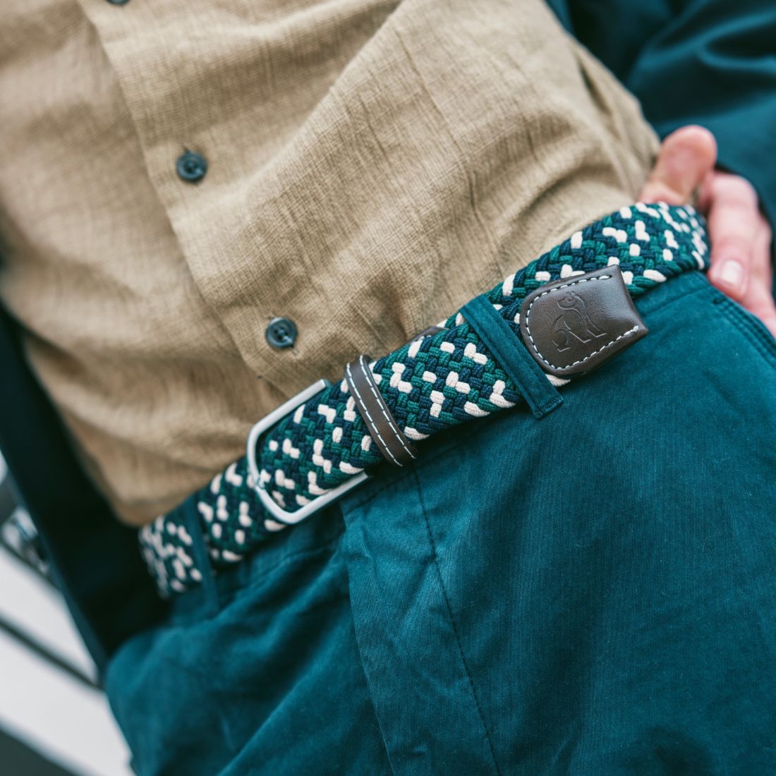 Swole Panda Woven Belt in Navy and Green Zigzag