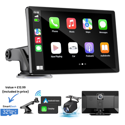 Car dashboard monitor with app icons on screen, camera, and additional accessories on a white background