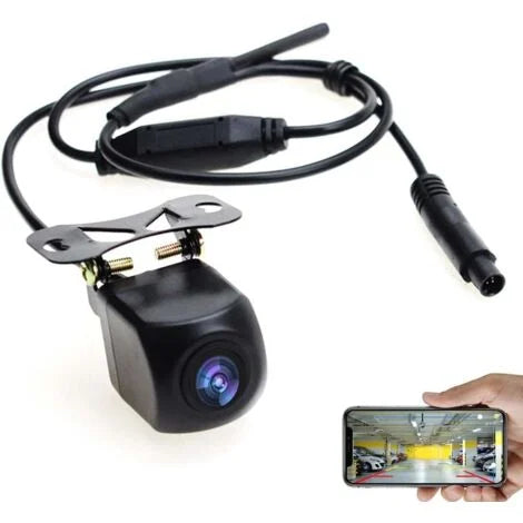 Car backup camera with cable and smartphone displaying camera view on a white background