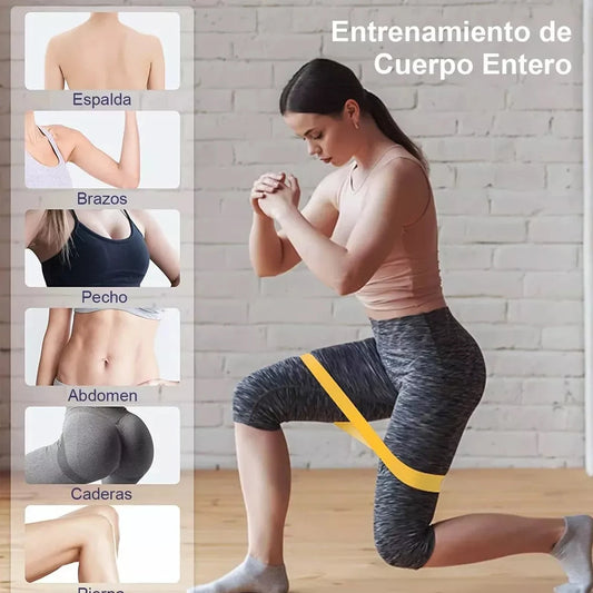 Woman exercising with resistance bands, focusing on different body parts, against a brick wall.