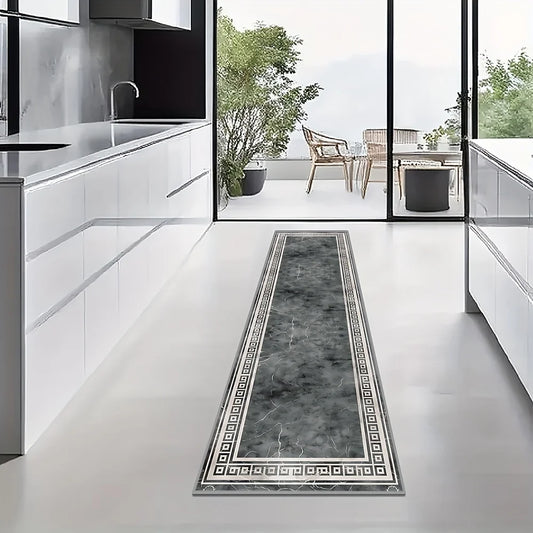 Kitchen runner rug with marble pattern on a white floor