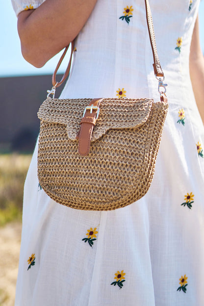 Woven Raffia Crossbody Bag with Faux Leather Trim