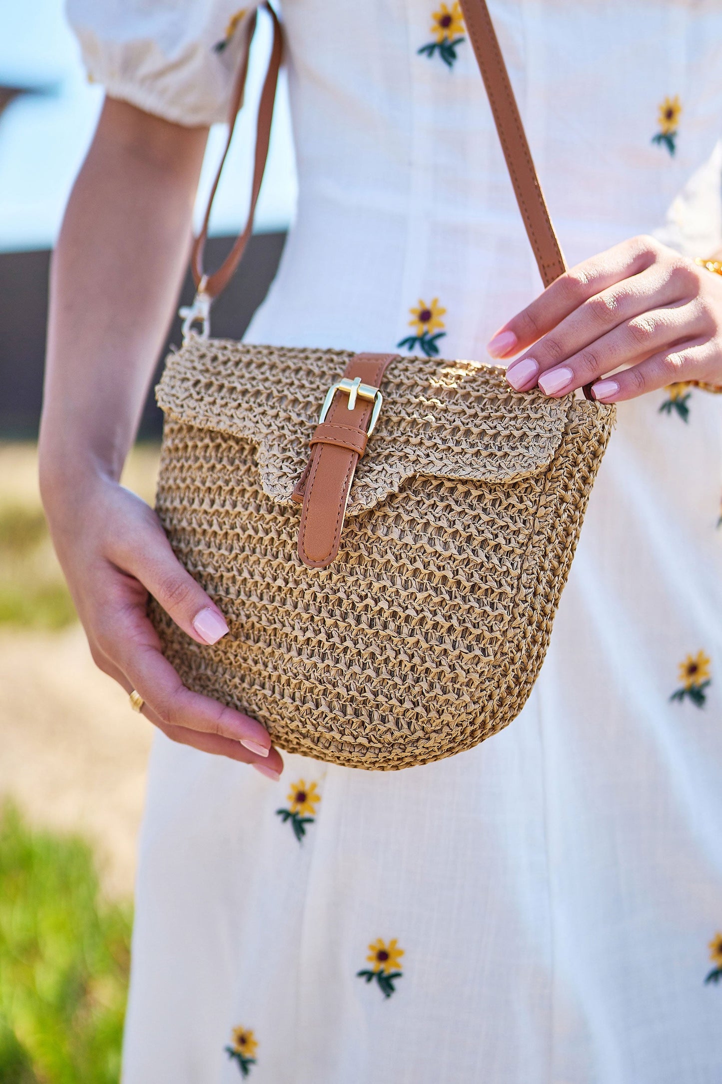Woven Raffia Crossbody Bag with Faux Leather Trim