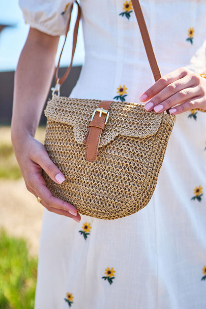 Woven Raffia Crossbody Bag with Faux Leather Trim