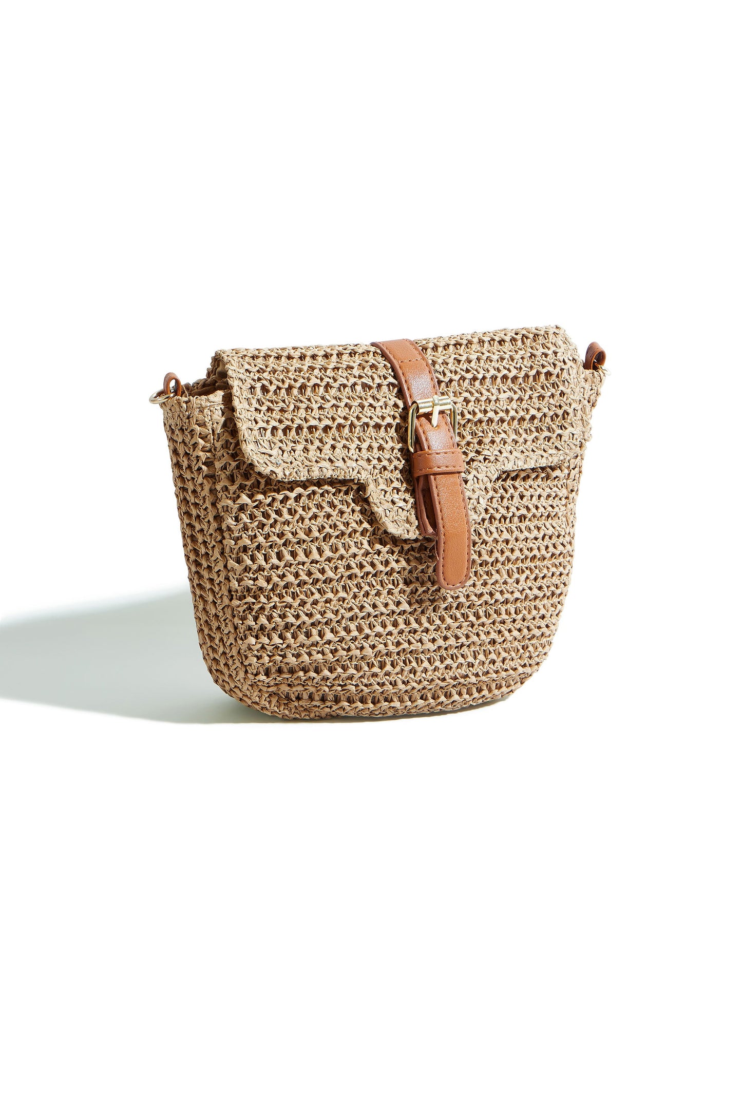 Woven Raffia Crossbody Bag with Faux Leather Trim
