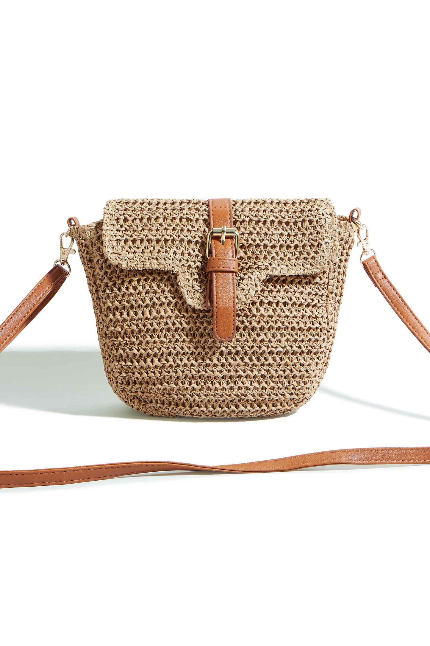 Woven Raffia Crossbody Bag with Faux Leather Trim